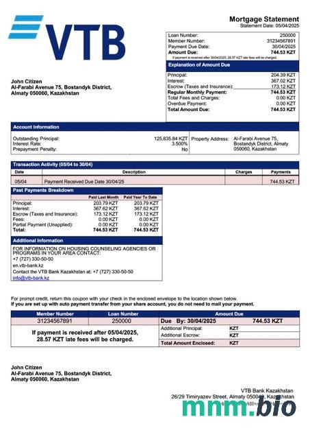 Kazachstan Bank VTB wyciąg z kredytu hipotecznego szablon Word i PDF